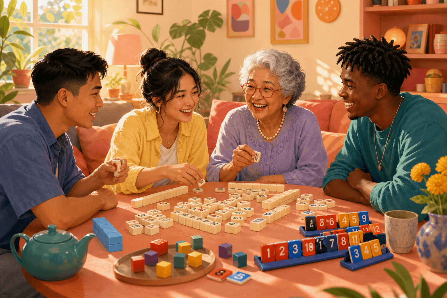 Friends playing mahjong and rummikub around a sunny table